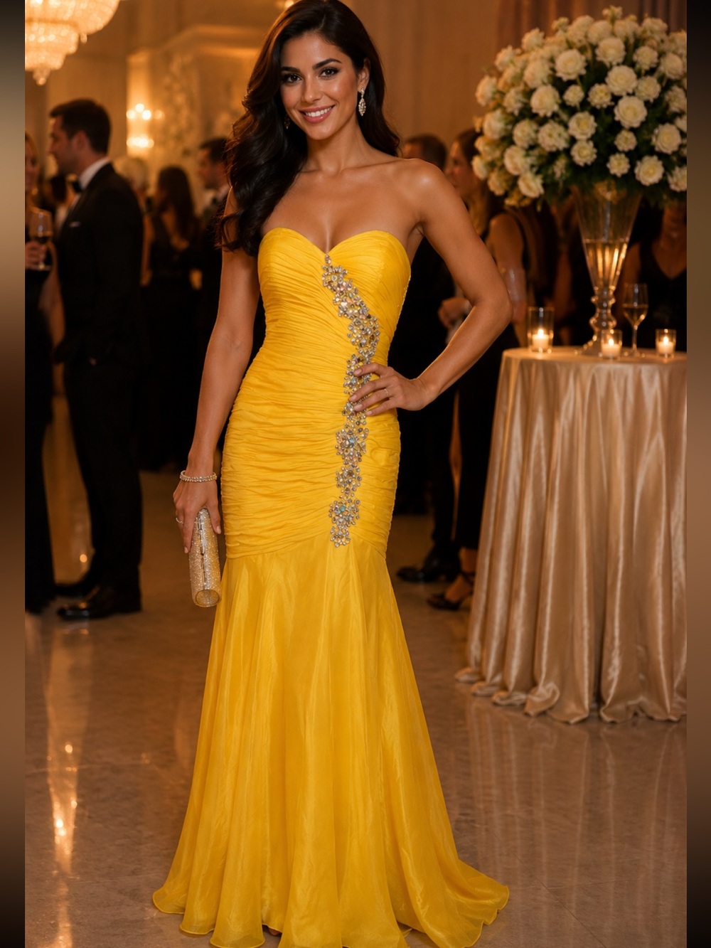 Bicici & Coty Yellow Vintage?Strapless Rhinestone Glam Formal Gown S *FLAW READ*